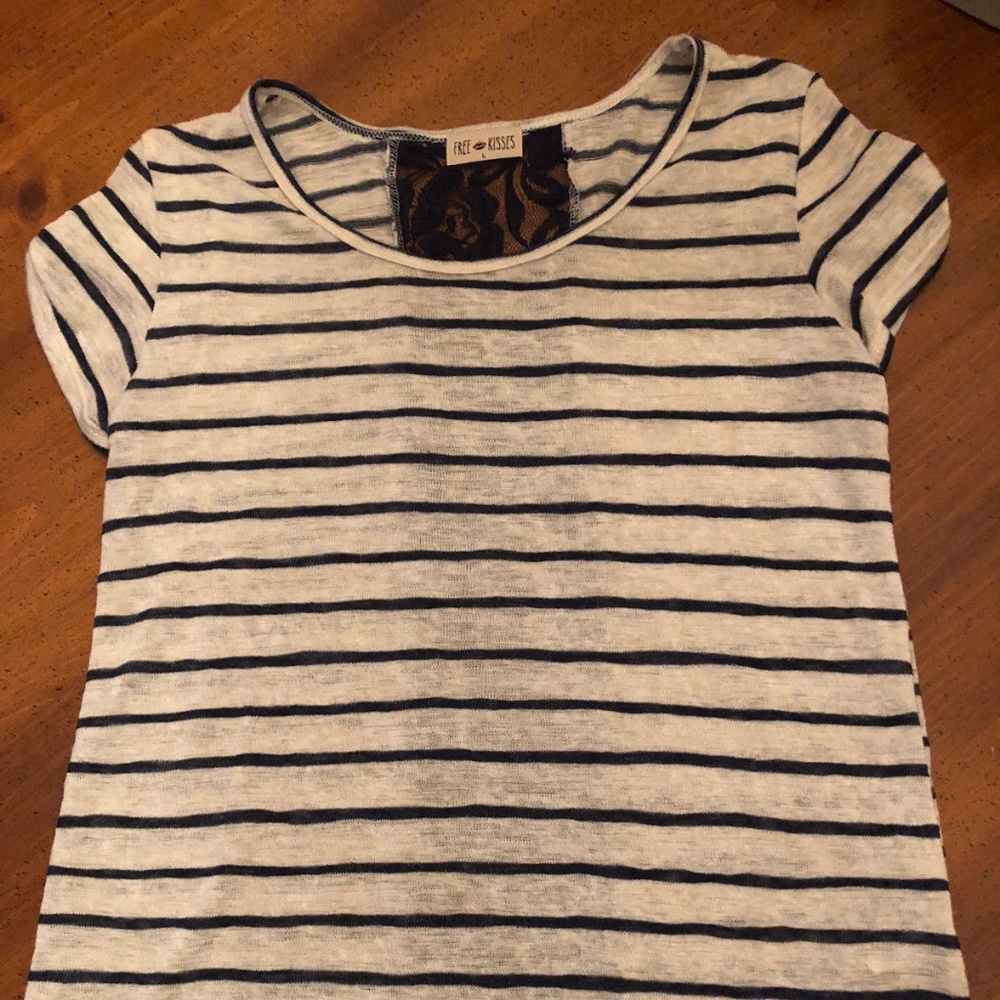 Free Kisses Blue Striped S/S Top with Lace Back